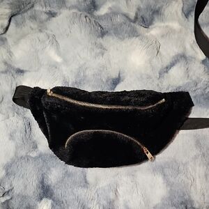 Black Faux Fur Fanny Pack with Gold Zippers